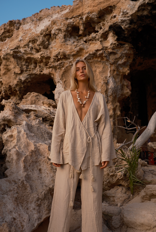 Lightweight cotton kimono with wide-leg trousers for relaxed everyday style