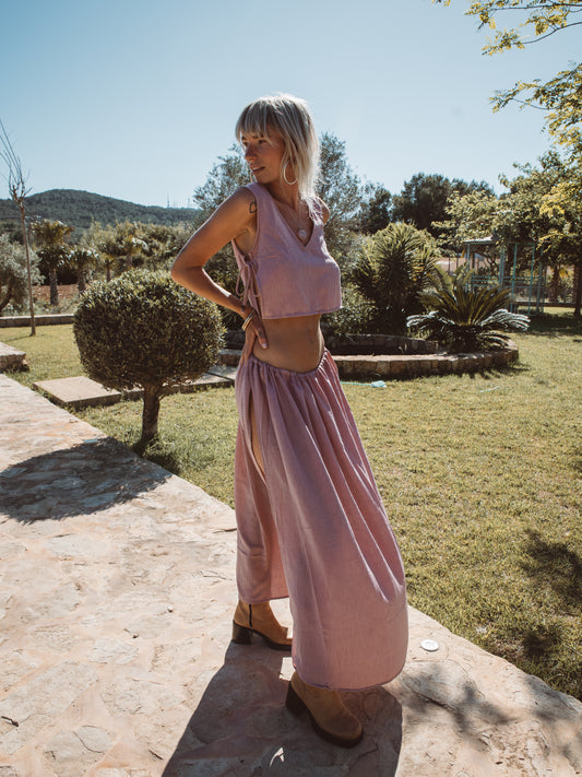 Women's bohemian two piece outfit with deep slit skirt and relaxed top