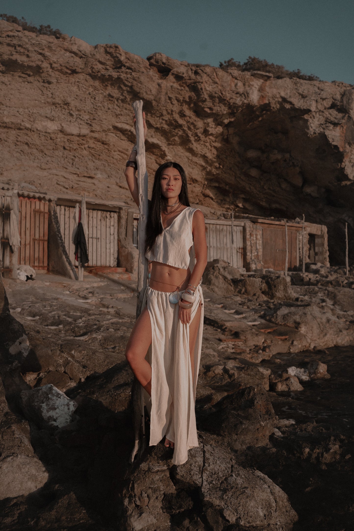 Women's bohemian two piece outfit with deep slit skirt and relaxed top