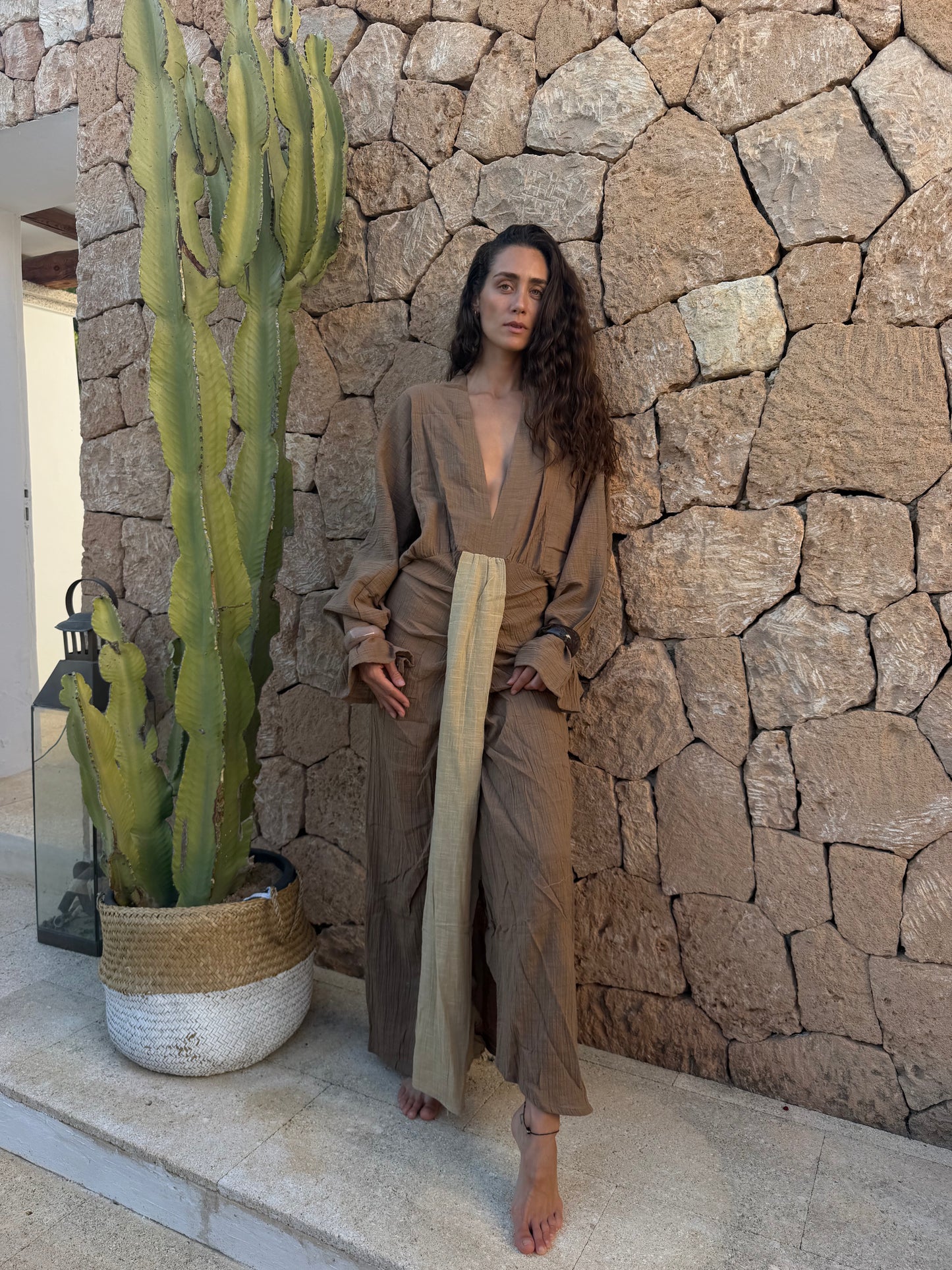 Elegant cotton kaftan layered over trousers for modern boho fashion