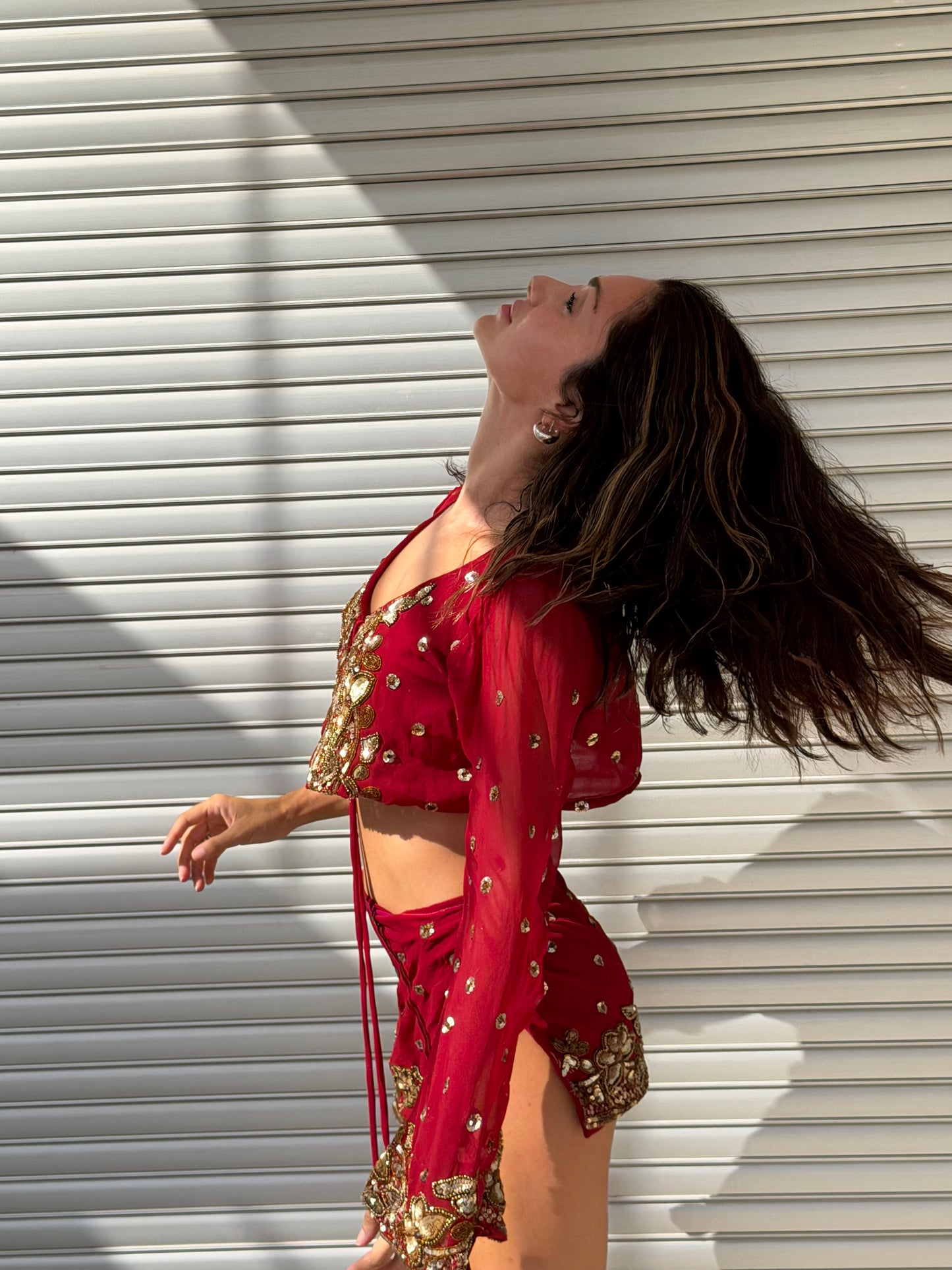 Red MERMAID Wrap Set — Vintage Saree Skirt & Bolero Duo