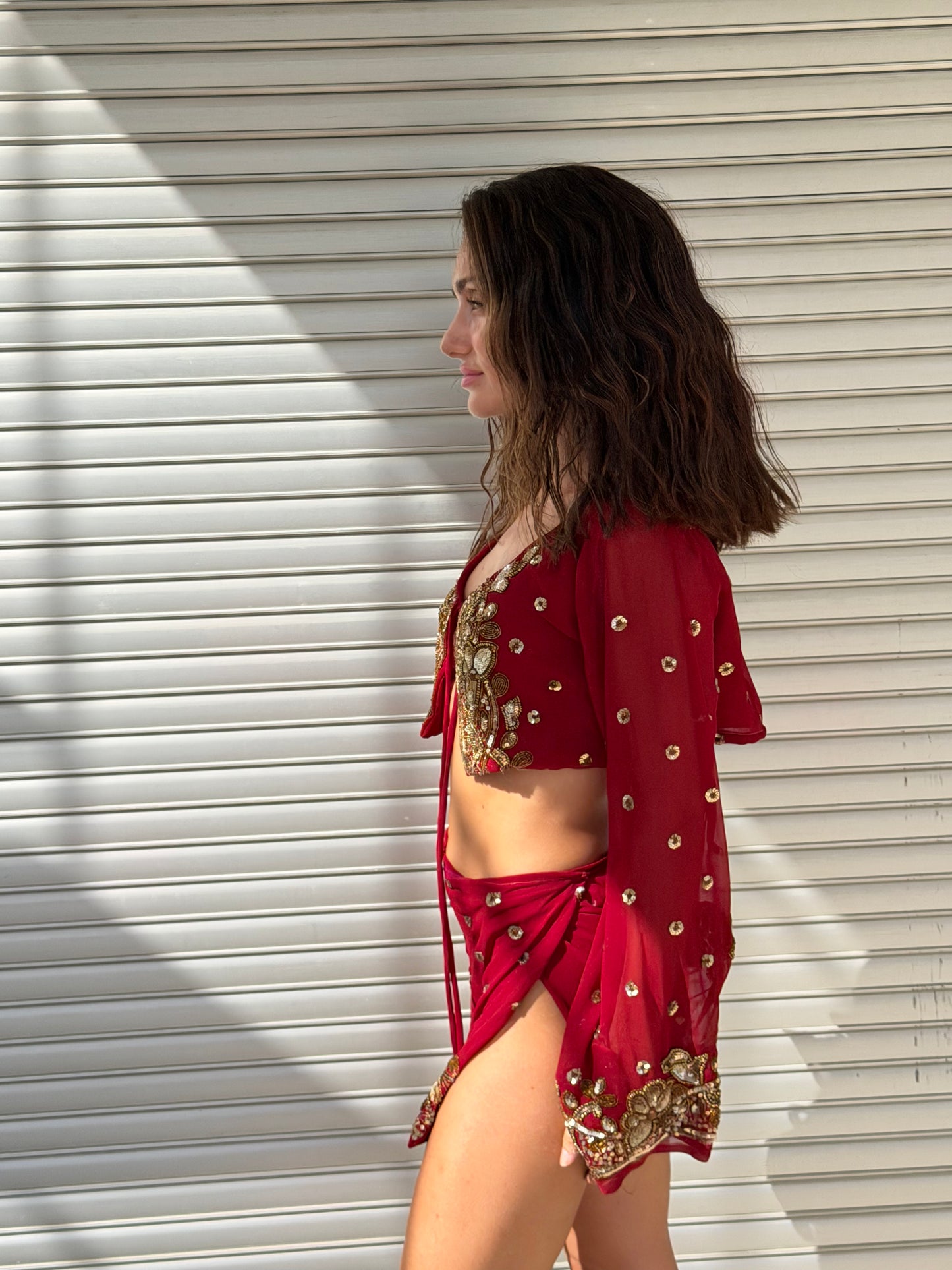 Red MERMAID Wrap Set — Vintage Saree Skirt & Bolero Duo