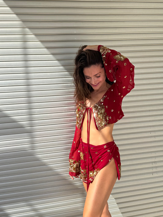 Red MERMAID Wrap Set — Vintage Saree Skirt & Bolero Duo