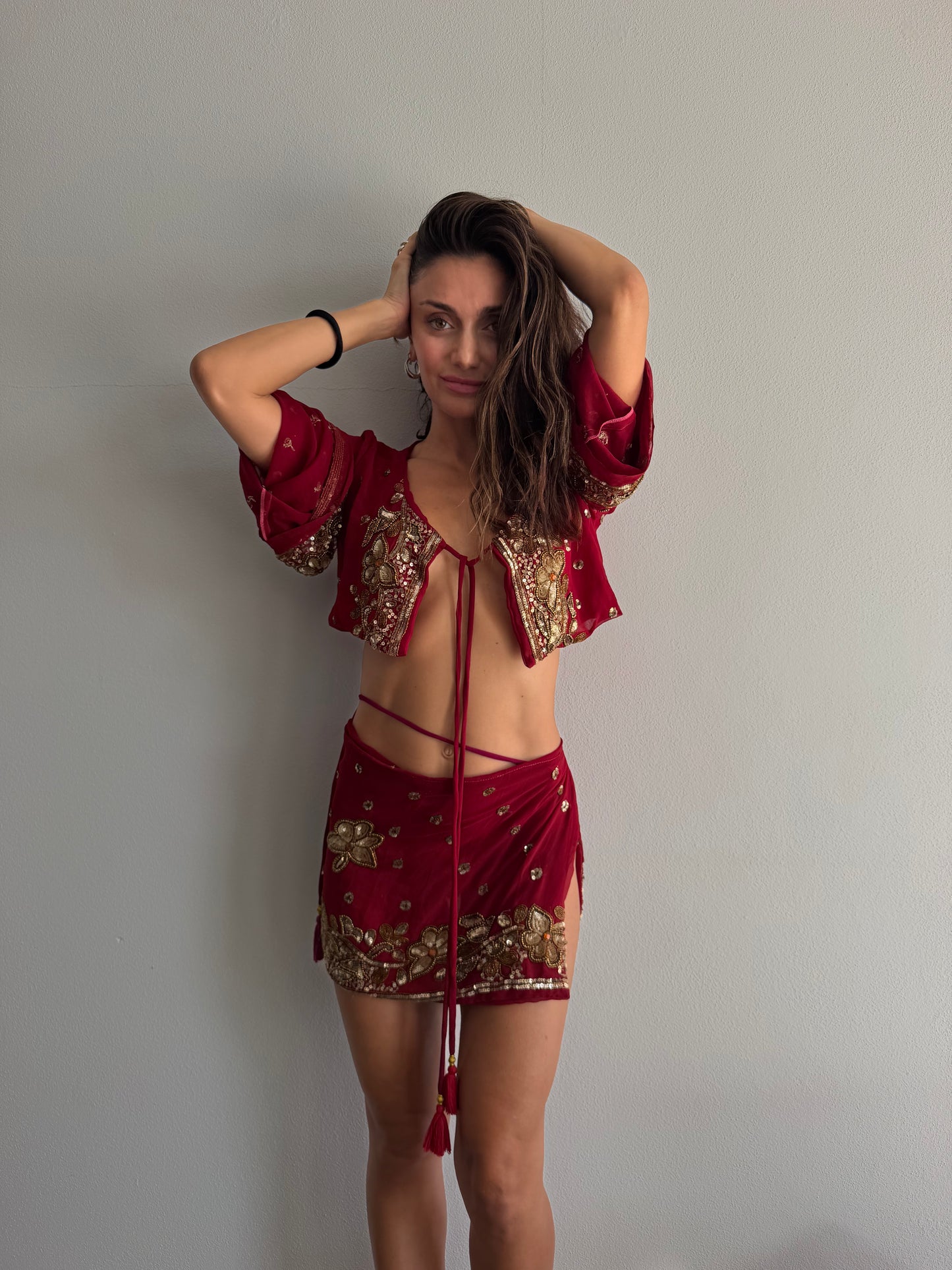 Red MERMAID Wrap Set — Vintage Saree Skirt & Bolero Duo