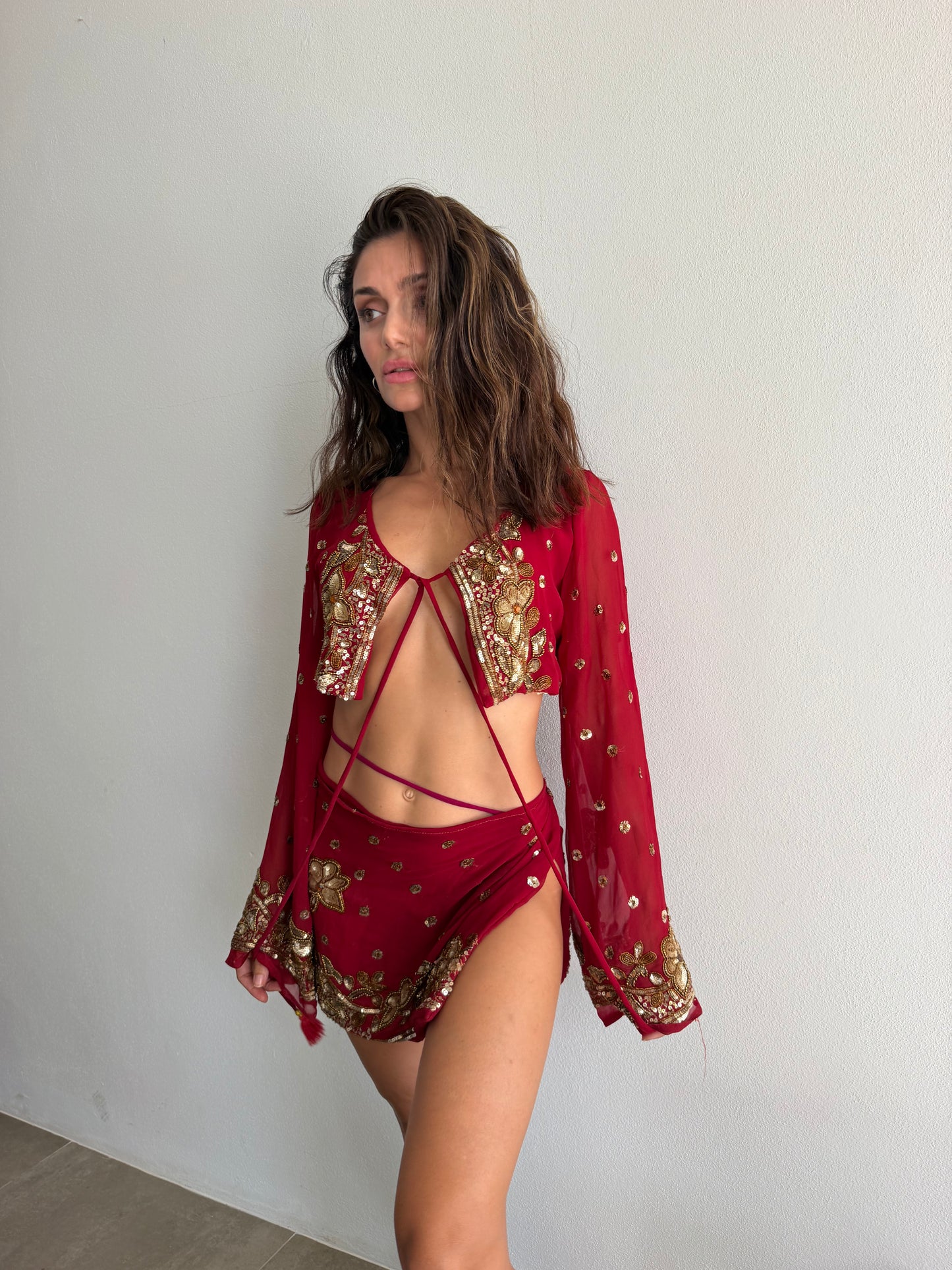 Red MERMAID Wrap Set — Vintage Saree Skirt & Bolero Duo