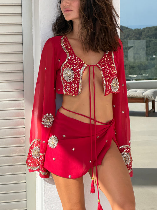 Red MERMAID Wrap Set — Vintage Saree Skirt & Bolero Duo