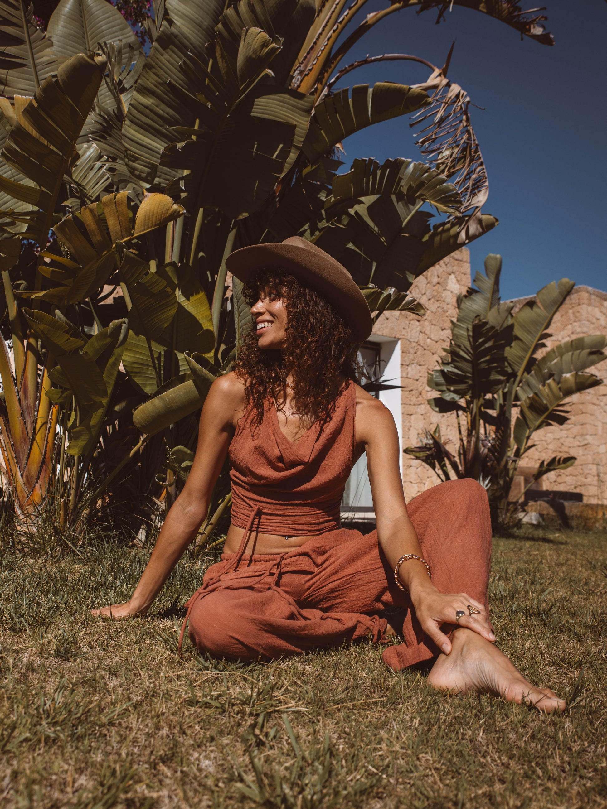 Elegant bohemian bamboo outfit designed for travel, vacations, and summer days