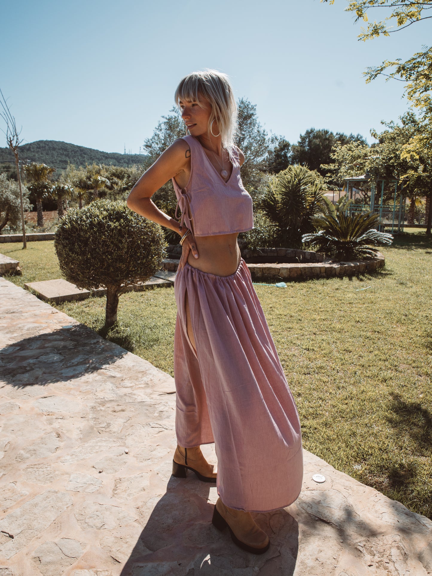Women's bohemian two piece outfit with deep slit skirt and relaxed top