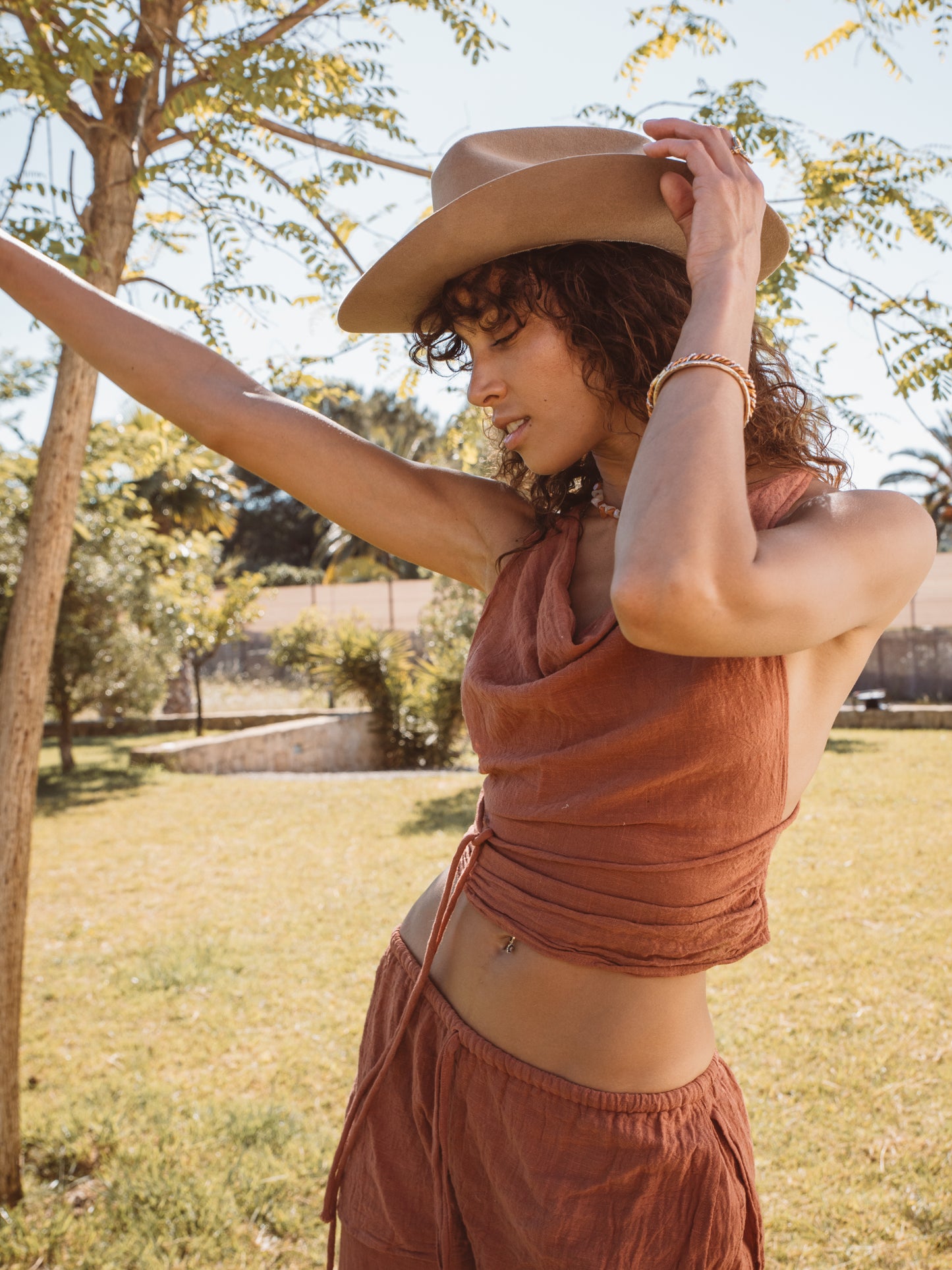 PEREGRINA bamboo top and layered trouser set for women in bohemian style