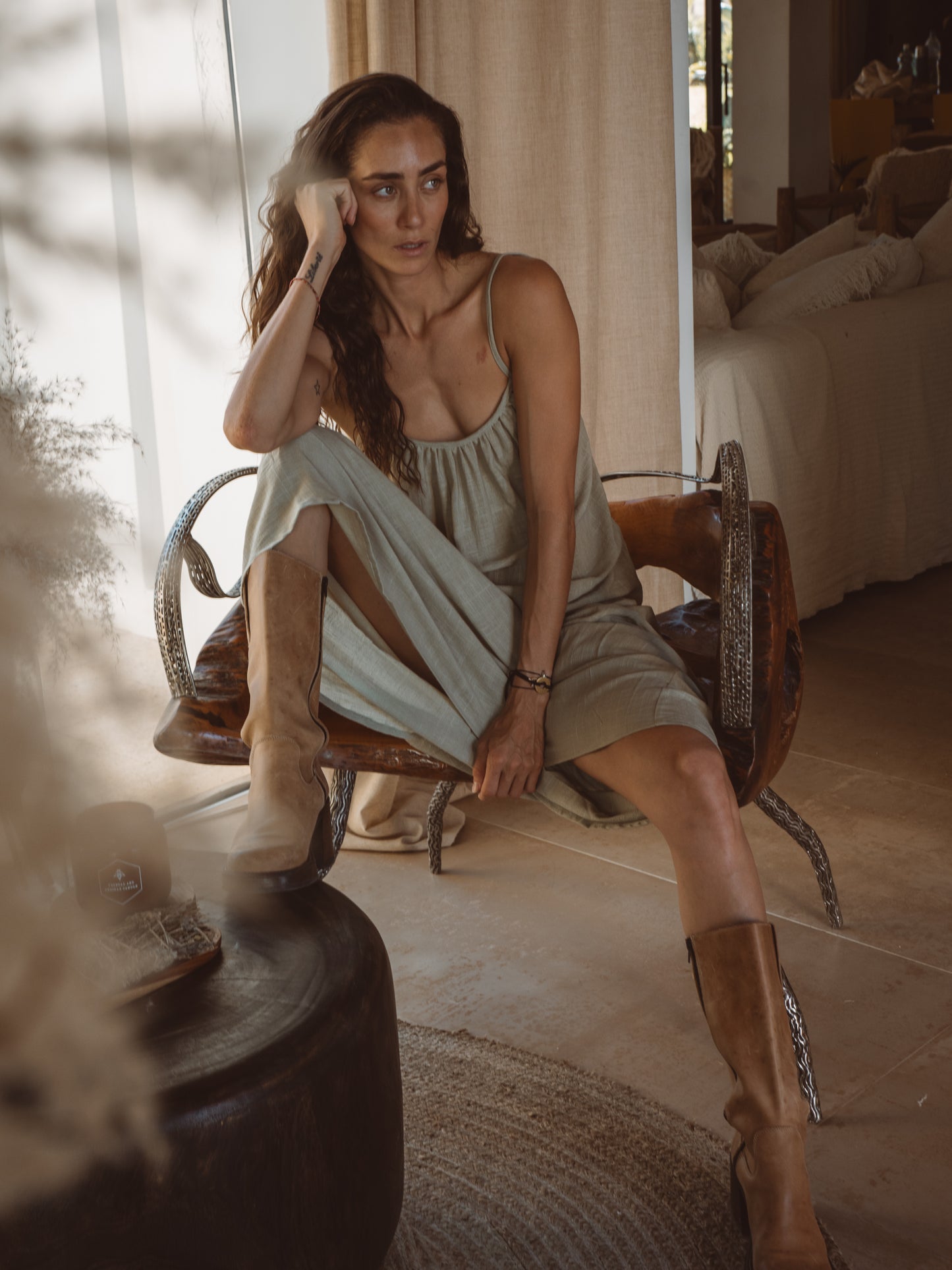 Women's bohemian bamboo cotton dress with a deep open back design