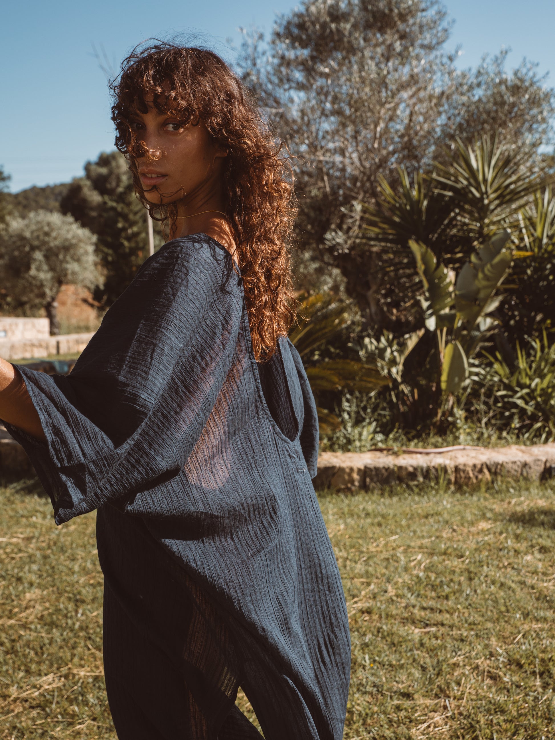 Women's bohemian hemp kaftan with relaxed flowing silhouette for summer