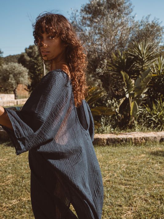 Women's bohemian hemp kaftan with relaxed flowing silhouette for summer